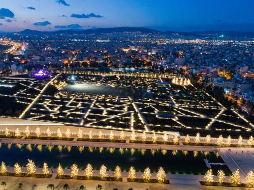 Large landscaped roof by night