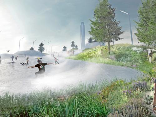 People skiing on a pitched green roof