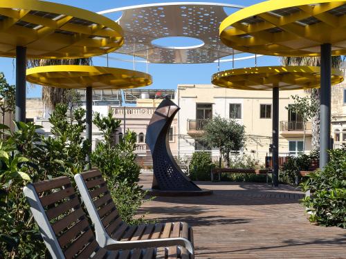 Roof garden with circular parasols